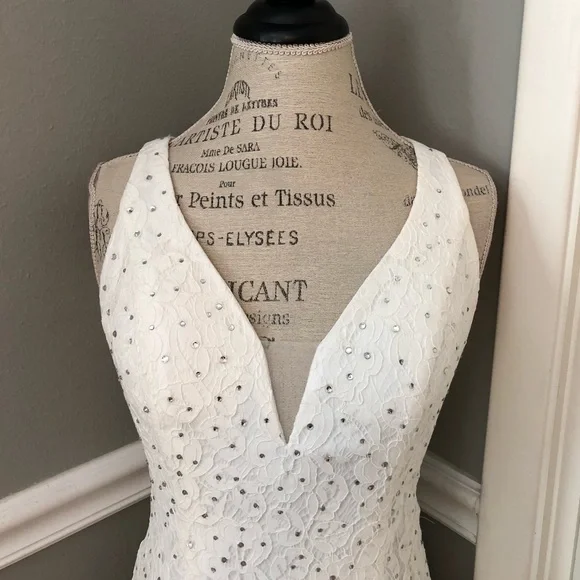 NEW ABBY PARIS SZ 2 IVORY LACE BEADED ILLUSION FORMAL EVENING GOWN - Picture 3 of 12